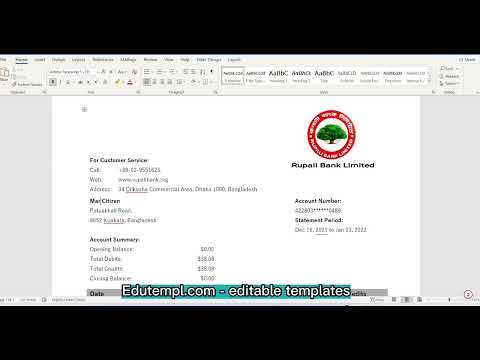 Bangladesh Rupali banking statement template in Word and PDF format