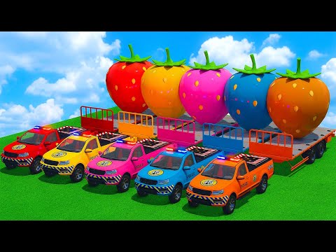LOAD & TRANSPORT GIANT STRAWBERRY WITH POLICE PICKUPS - Farming Simulator 25 🍓