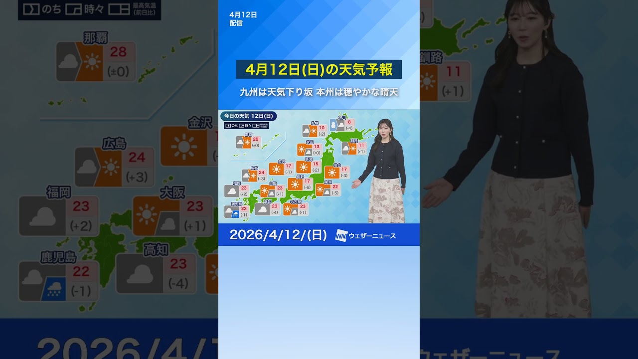 【4月12日(日)の天気予報】九州はゆっくり天気下り坂 本州は穏やかな晴天　#通勤タイパ #news #今日の天気