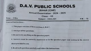 DAV Class 7  English Annual Yearly Question paper 2024-2025, DAV class 7 English question Paper.