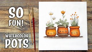 Fun Watercolor Painting 🌿 Easy Beginner Tutorial | Cute Flower Pot Faces
