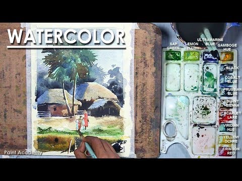 Watercolor Village landscape | Village houses trees people