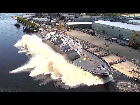 US Navy Launches New Warship Sideways Into Water — USS Billings Christening and Launch