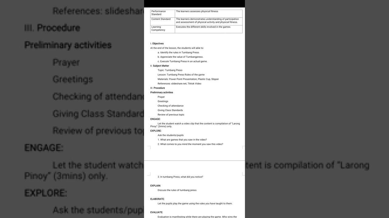 5 Es Lesson Plan in PE (Grade 5 - Tumbang Preso)