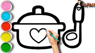 ☕ How to Draw a Cute Teapot & Spoon | Easy Drawing & Coloring for Kids