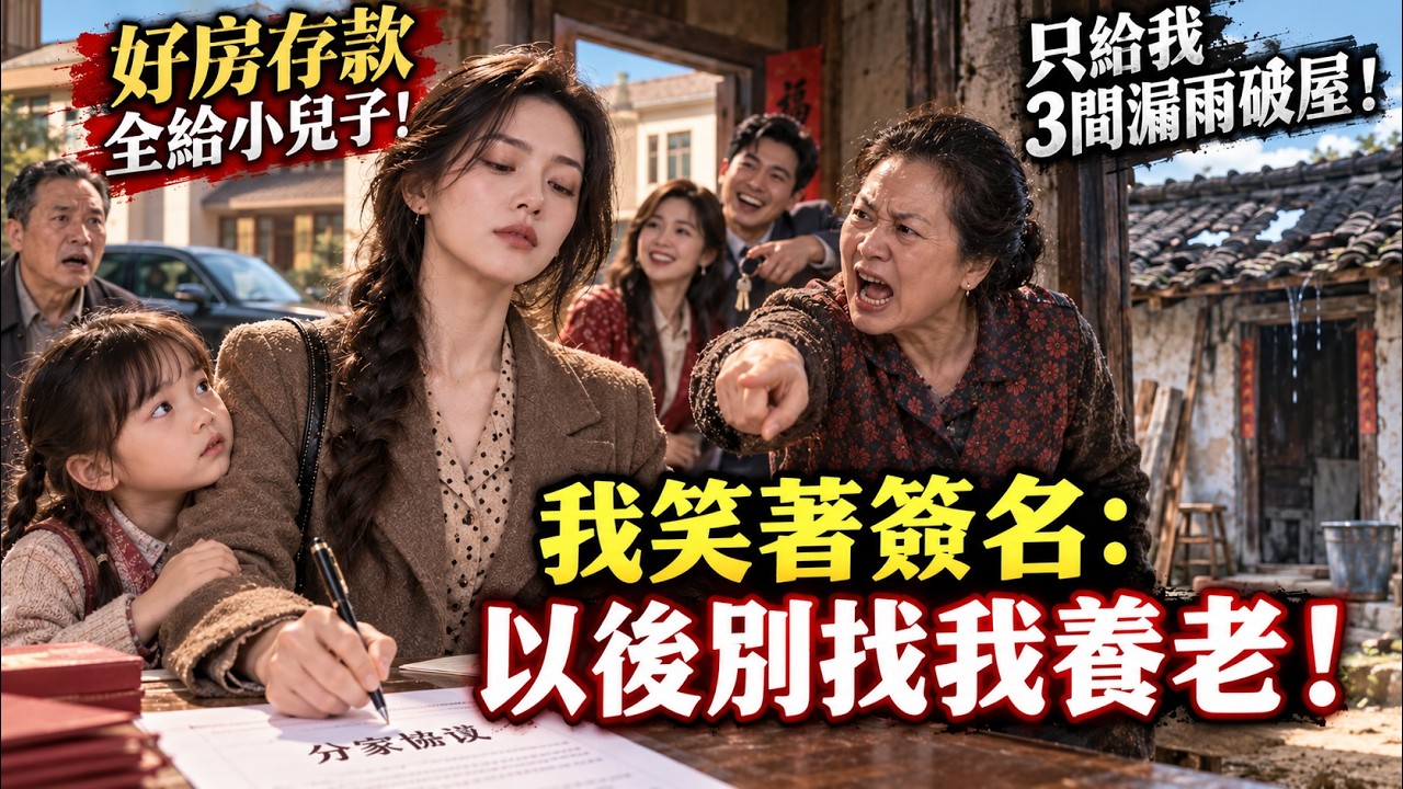 八十年代婆婆分家，把好房存款全給小兒子，只給我3間漏雨破屋！我笑著簽名：以後別找我養老！【深夜?
