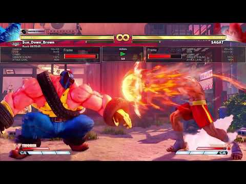 Street Fighter V Abigail crouching vs Sagat High Tiger Shot