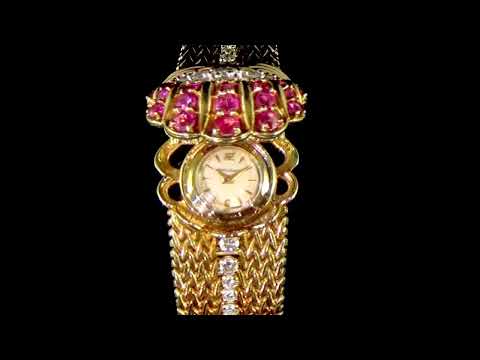 Lady's 18k Yellow Gold Jaeger Lecoultre For Kutchinsky Ruby and Diamond Bracelet Manual Winding Wristwatch