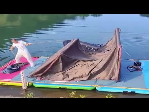 Inflatable House Boat and Island | Prepper Camping Tent, Raft, and Grill | Floating Off the Grid