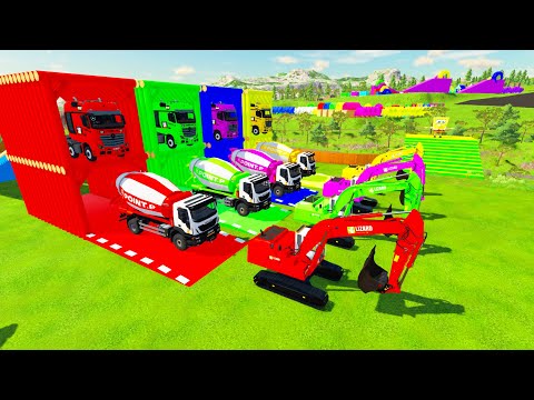 TRANSPORTING ALL COLORED MIXER TRUCK WITH DOUBLE FLATBED TRAILER TRUCK, LIZARD, IVECO, VOLVO