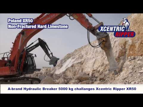 Xcentric Ripper in competition with hydraulic breaker in hard limestone
