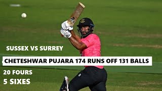 Cheteshwar Pujara 174 Runs Highlights for Sussex vs Surrey in One Day Cup ~ 14 Aug 2022