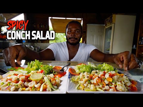 SEAFOOD: SPICY CONCH SALAD & SKY JUICE at a JAMAICAN FISHING VILLAGE