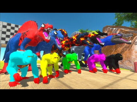 Super Team Marvel Dc x5 Spinosaurus VS x5 Goro King Kong Death Fall - Animal Revolt Battle Simulator