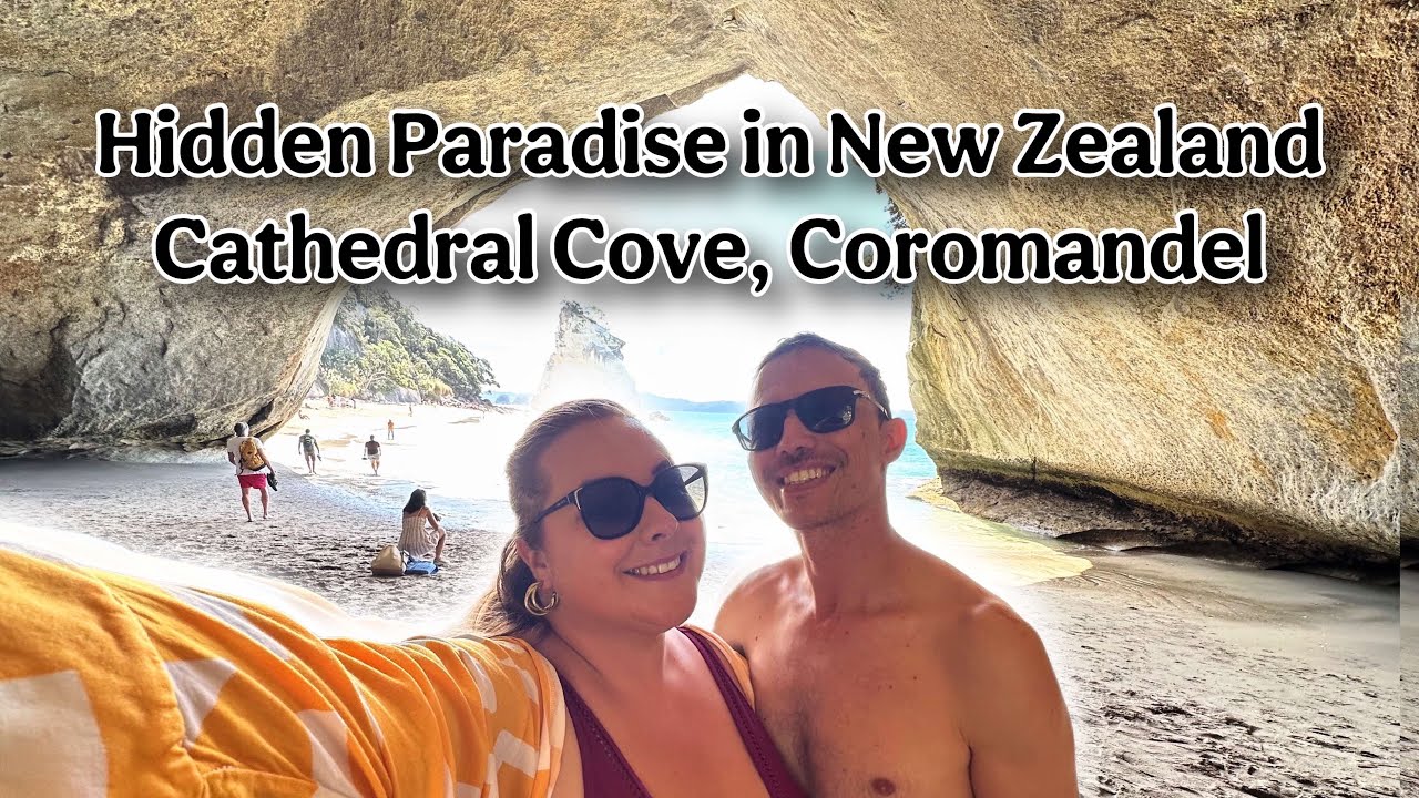 Experience the untouched coastal allure of Cathedral Cove through stunning cinematic visuals featuring its iconic rock arch and turquoise waters.