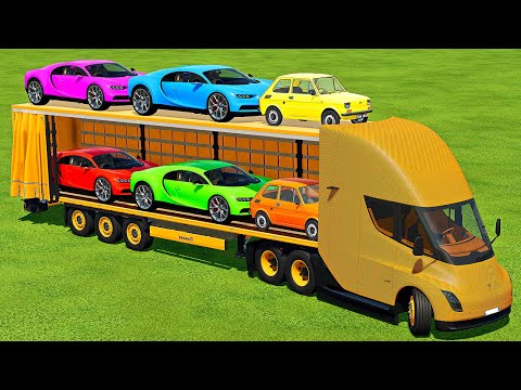 TRANSPORTING BUGATTI CHIRON & FIAT MINI CARS WITH TESLA TRUCK - Farming Simulator 22