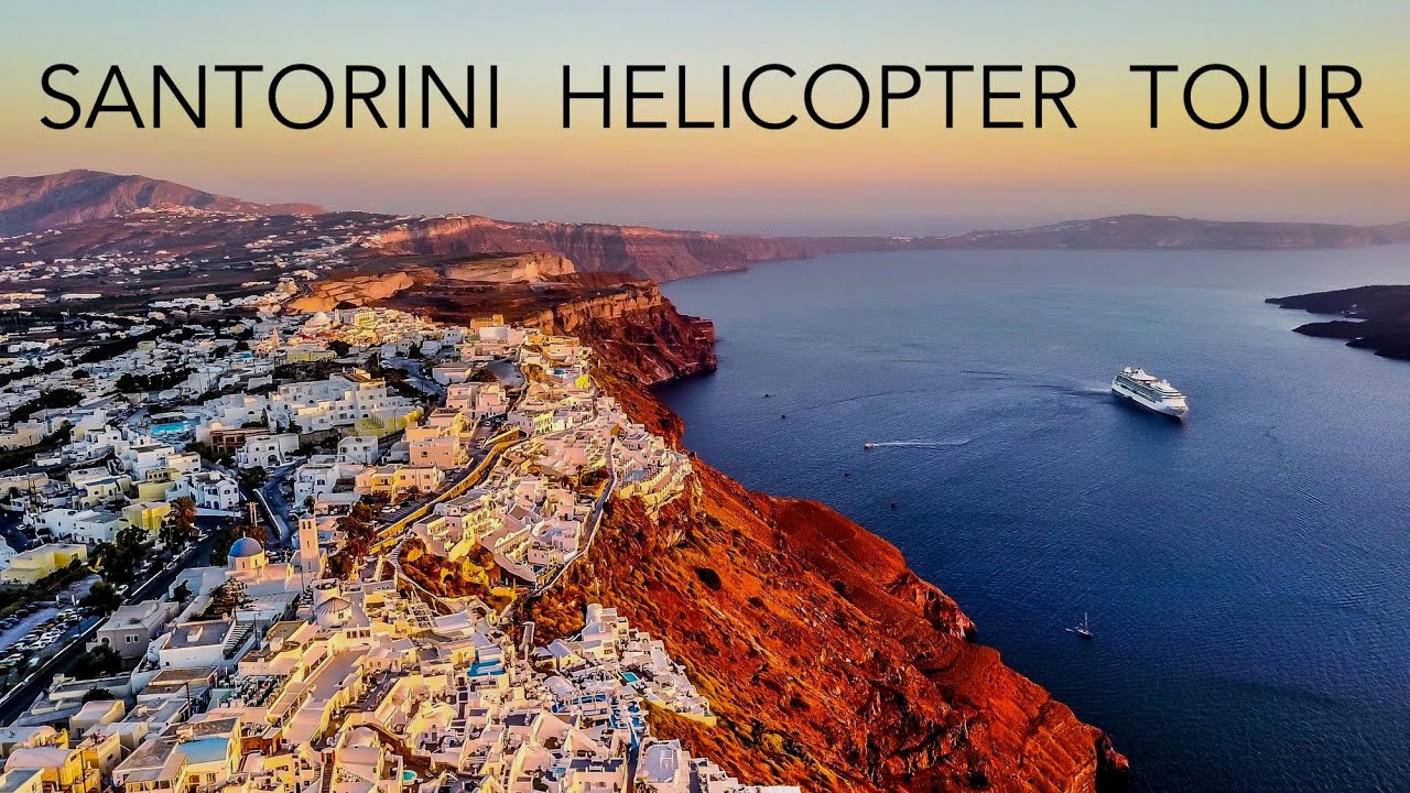 Helicopter flight over Santorini, Greece Spectacular scenery (4K) + beautiful relaxing music