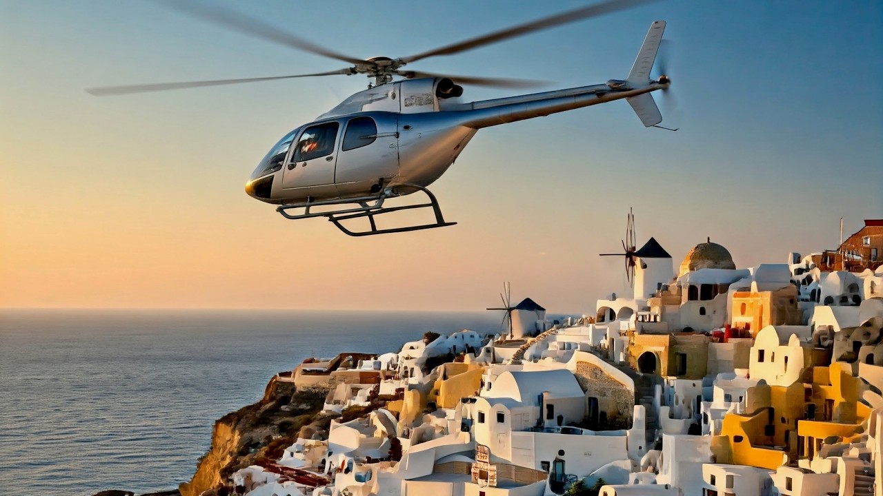 Helicopter flight over Santorini, Greece Spectacular scenery (4K) + beautiful relaxing music