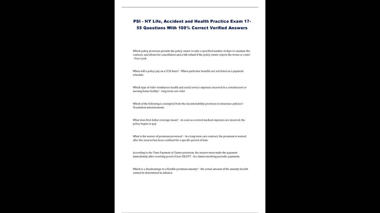 PSI NY LIFE ACCIDENT AND HEALTH PRACTICE EXAM 17 55 QUESTIONS WITH 100% CORRECT VERIFIED ANSWERS