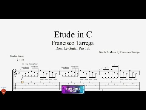 Etude in C by Francisco Tarrega for Guitar Tutorial with TABs