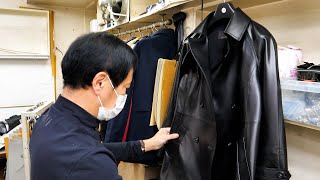 Process of making custom made long leather coat. Korean skilled tailor