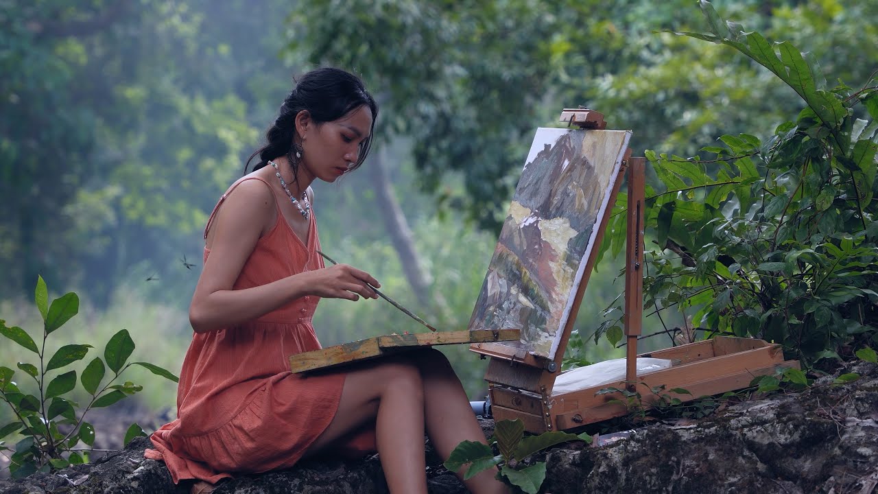 Immersed in the sounds of nature, I Paint Oil Paintings by a Deserted stream
