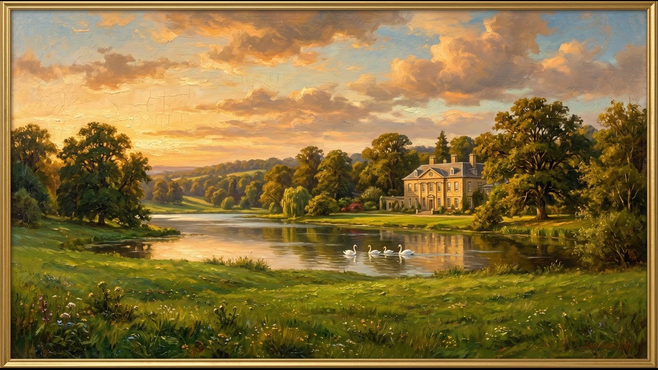 English Estate with Swans — Vintage Painting for Frame TV | 2 Hours Jazz & Art