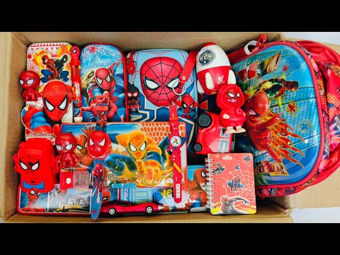Unboxing spiderman toys & stationery - school bag, art set, jumbo pencil sharpener, 3d eraser, lamp