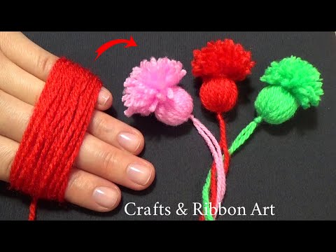 Super Easy Woolen Craft Ideas with Fingers - Hand Embroidery Flower Design - DIY Woolen Flowers