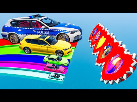 Small & Big Police Cars vs Portal Trap with Slide Colors – Cars vs Trains vs Cannon – BeamNG.Drive