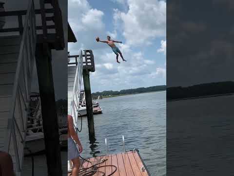 One hand snag 🏈 #football #trickshot #catch #lake #jump