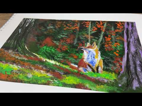 Red fox in Autumn forest - Acrylic painting