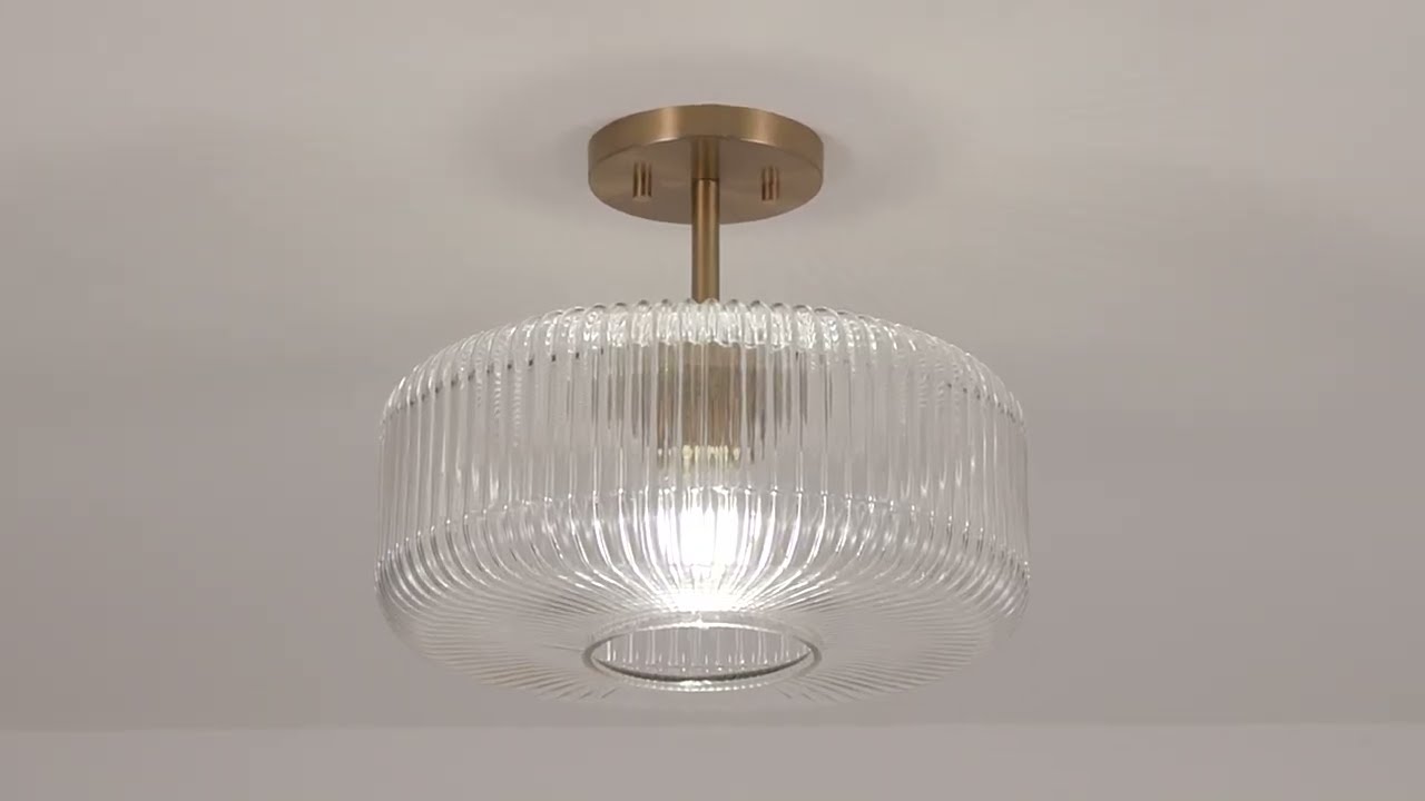 Video1 of Possini Euro Bernado 14"W Warm Brass and Ribbed Glass Ceiling Light