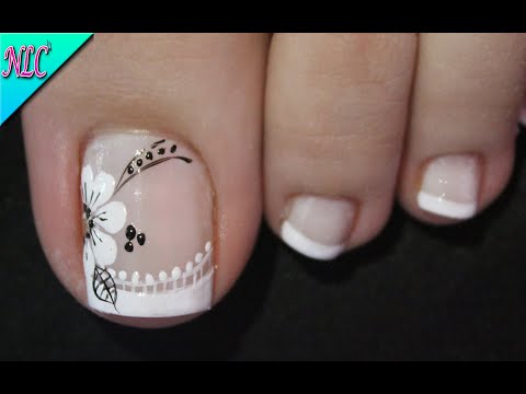 DISEÑO DE UÑAS PARA PIES FLOR Y FRANCÉS RÁPIDO Y FÁCIL – FRENCH NAIL ART – FLOWERS NAIL ART – NLC