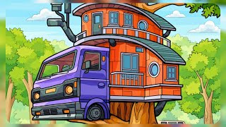 A tree house with a van as its base with a two-story structure built on top of it. #treehouse #van