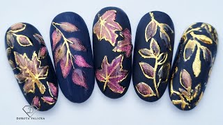Cat eye gel polish painting. Maple leaf and autumn leafs cat eye nail art tutorial 