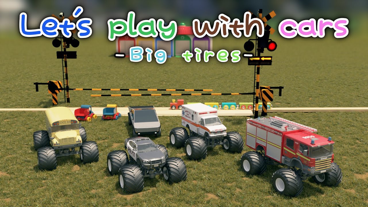 くるまであそぼう －おおきなたいや－【子供・赤ちゃん・喜ぶ・楽しく学ぶ・のりもの・消防車・パトカー・救急車・スクールバス・サイバートラック・3DCG】