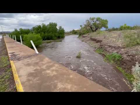 Asi luce la creciente del rio en el puente que conduce de NCG a colonia San Jose en Casas Grandes