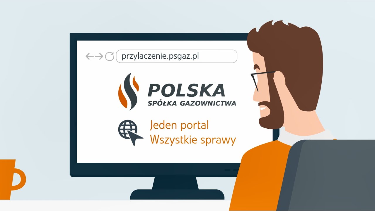 Rysunek mężczyzny siedzącego w pokoju przy komputerze oglądającego stronę Portalu przyłączeniowego PSG