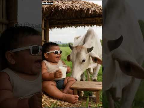 The joyful daily life of the cute baby and the magical cow 😂