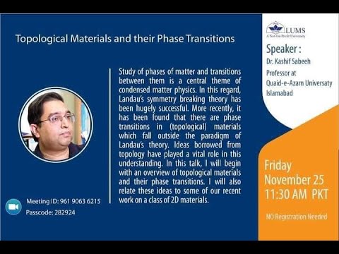 Topological Phase Transitions and Topological Transport in Materials Dr Kashif Sabeeh QAU Islamabad