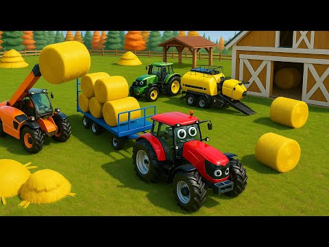Farm Works: Tractor & Baler Collect and Stack Straw Bales! | Farm Vehicles