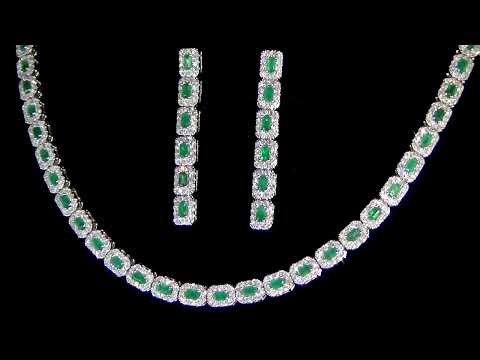 14k White Gold 5.60ct (TW) Emerald and 5.30ct (TDW) Diamond Necklace and Earrings Set