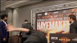 &#39;THE LEGENDARY&#39; MIKE GOODALL TAKES AN UNFORTUNATE TUMBLE IN FRONT OF DAVID HAYE ON STAGE!!