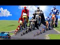 Big Small Spiderman On A Motorcycle Vs Batman On A Motorcycle Vs Volt On A Motorcycle Vs Trains