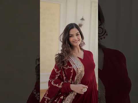 Maroon Luxurious Faux Blooming Embroidered Gown with Sequins & Designer Lace Dupatta