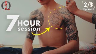 Tattooing a Japanese Wabori Arm Sleeve - Hikae Chest Plate [JPN SUBS]