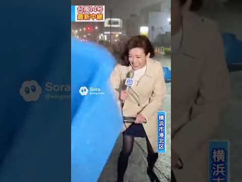 ミニスカ女子アナの中継中に台風でバケツが顔面直撃