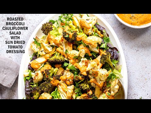 ROASTED BROCCOLI CAULIFLOWER SALAD WITH SUN DRIED TOMATO DRESSING | Vegan Richa Recipes