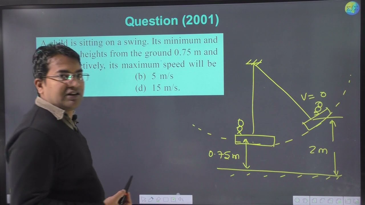 A child is sitting on a swing. Its minimum and maximum heights from the ground 0.75 m and 2 m